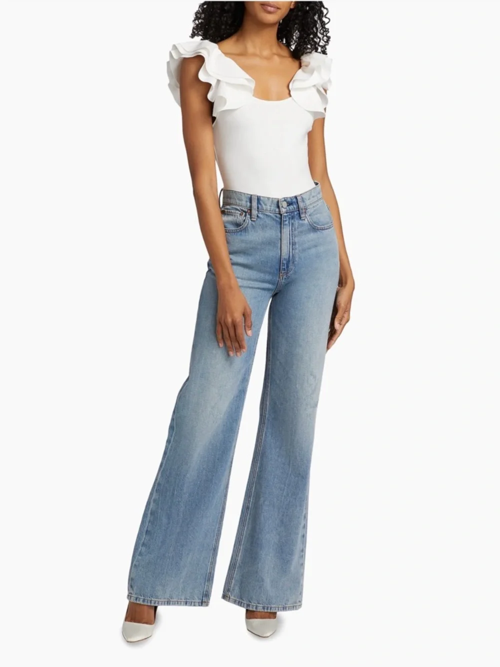 Alice + Olivia Ivory Ruffle Shoulder Bodysuit Size Small NWOT - Picture 2 of 6